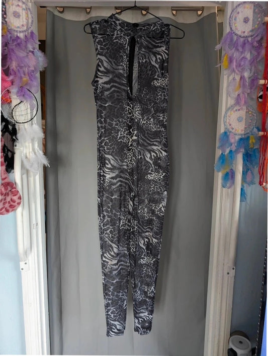 SHEIN grey animal print sheer mesh jumpsuit with high neckline and keyhole cutout.