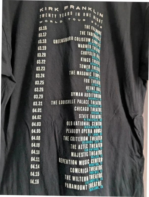 Gildan black graphic t-shirt featuring Kirk Franklin portrait and concert tour dates print.
