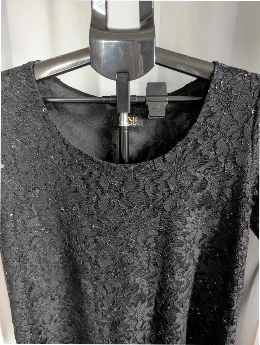 Luxe By Yours black floral lace sequin top with scoop neckline and scallop-edged hem.