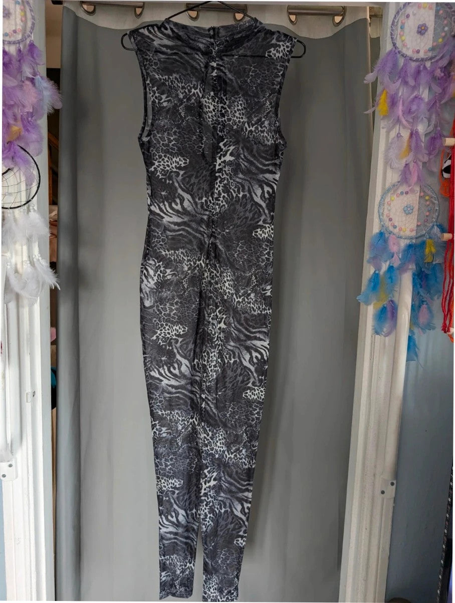 SHEIN grey animal print sheer mesh jumpsuit with high neckline and keyhole cutout.