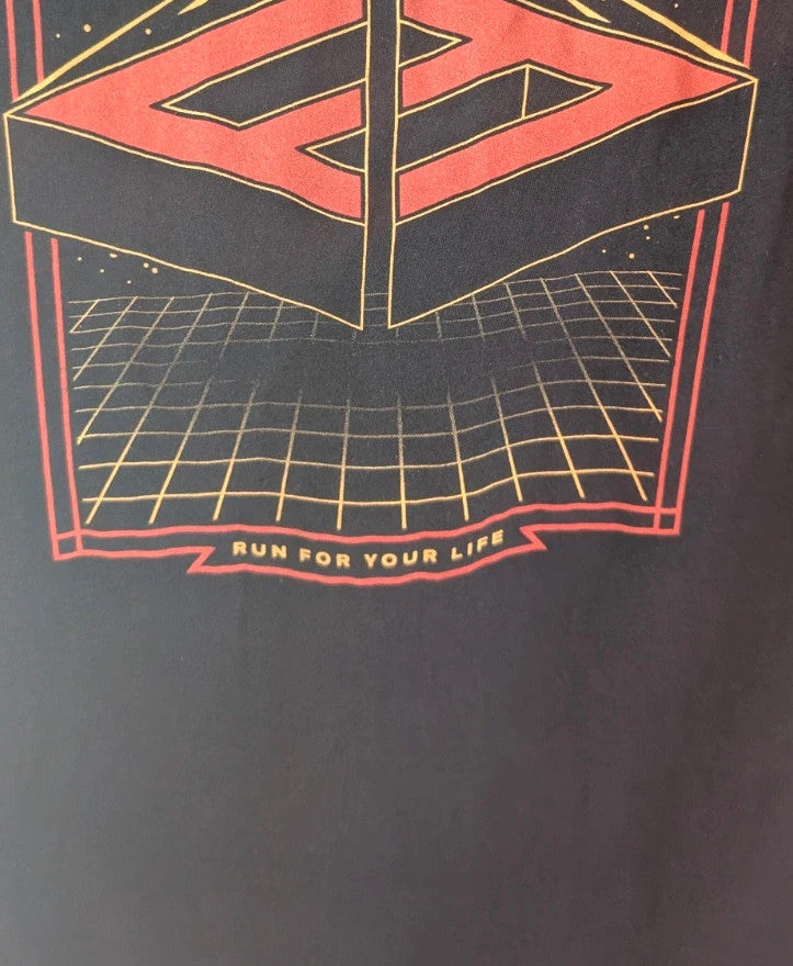 Gildan black pocket t-shirt with Foo Fighters "Run For Your Life" graphic and vibrant colors.