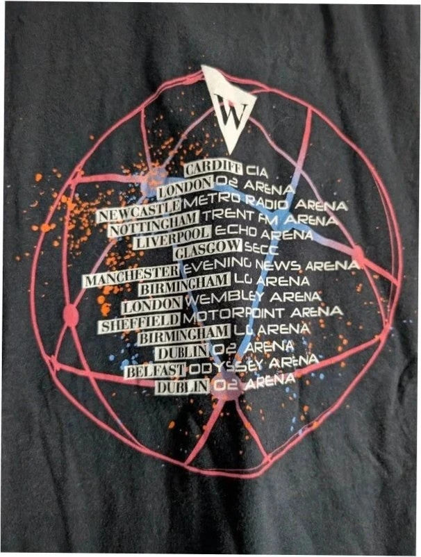 Gildan black graphic t-shirt featuring Westlife band photo print and tour dates in blue.