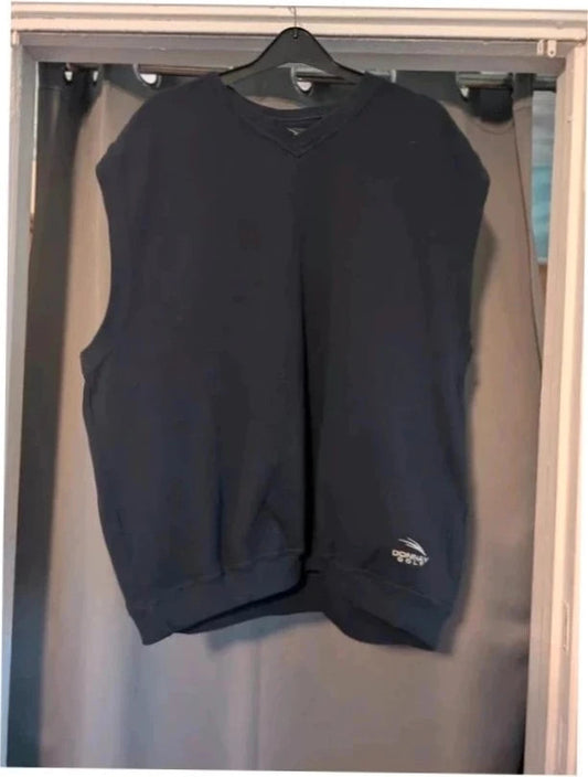 Donnay navy blue v-neck knitted sweater vest with embroidered logo and ribbed details.