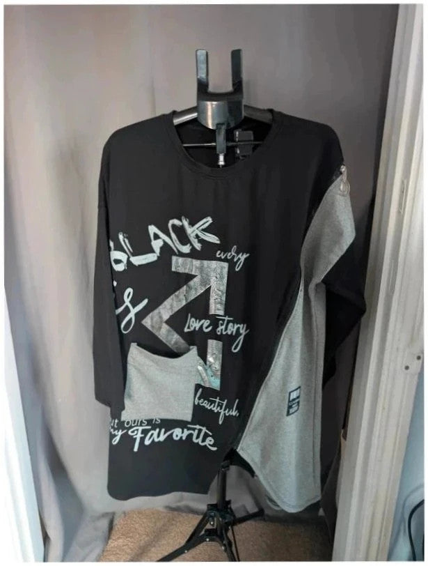 new collection made in Italy black grey asymmetric hoodie dress with metallic graphic print and zipper.