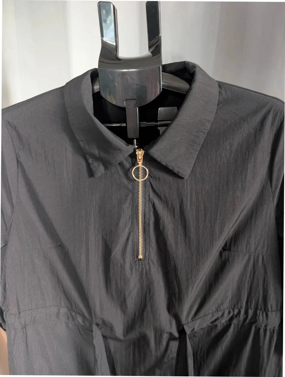Shein Curve black utility shirt dress with O-ring zip, drawstring waist, and roll-tab sleeves.