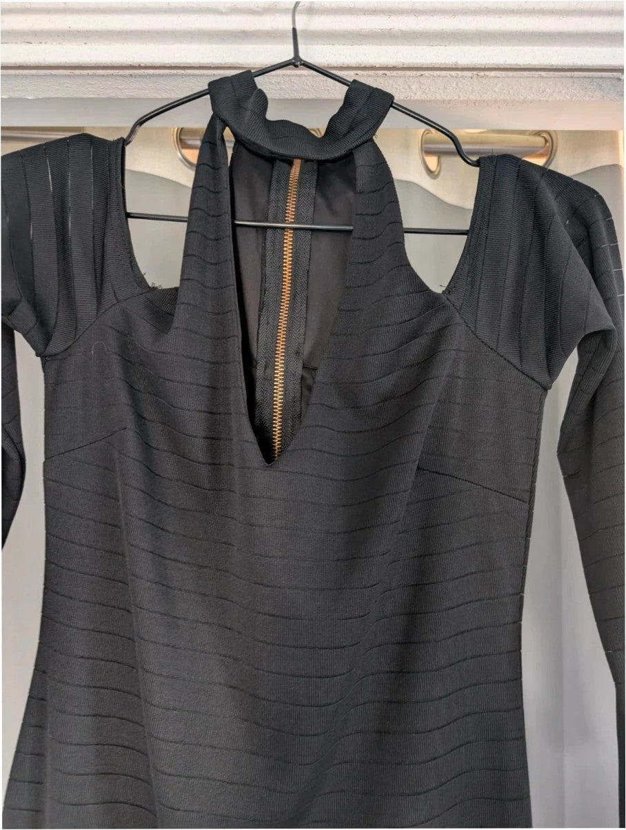 Miss Selfridge black bandage midi dress with cold shoulder cut-outs and gold zip detail.
