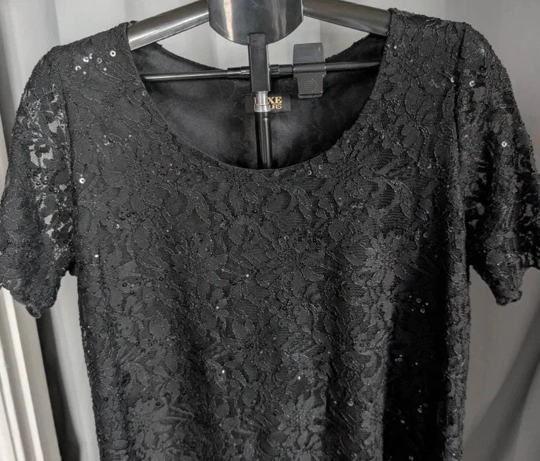 Luxe By Yours black floral lace sequin top with scoop neckline and scallop-edged hem.
