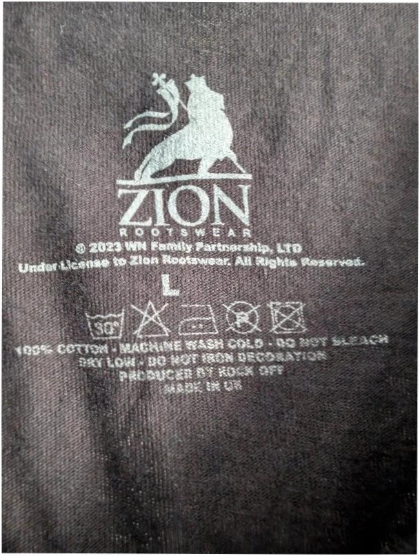 Zion Rootswear black graphic t-shirt featuring Bob Marley portraits and distressed Rasta font.