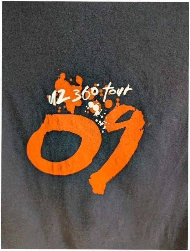 edun live black graphic t-shirt with vibrant orange U2 360 Tour prints front and back
