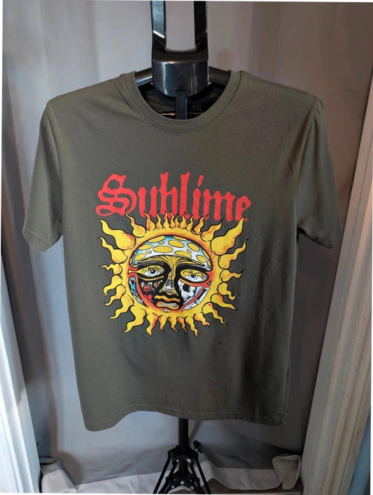 Sublime khaki graphic t-shirt featuring distressed sun artwork and bold red logo print.