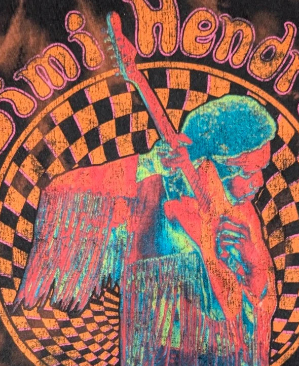 Hendrix graphic tee black bleach tie dye featuring vibrant Jimi Hendrix guitar design.