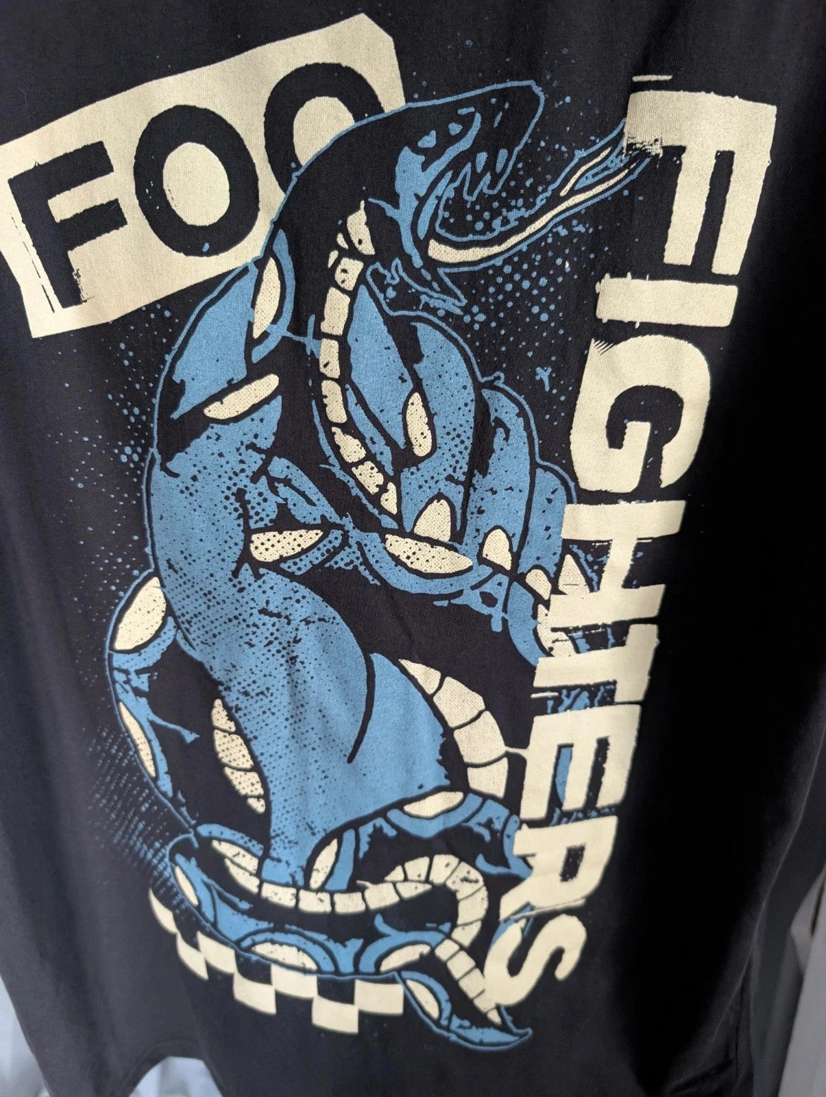 Foo Fighters black graphic tee with coiling snake and checkerboard pattern, soft cotton.