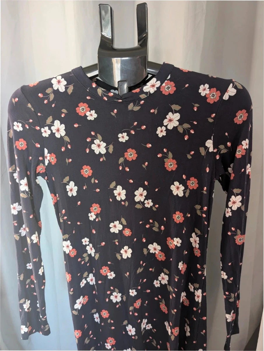 M&S COLLECTION navy blue floral mini dress with high neck and long sleeves.