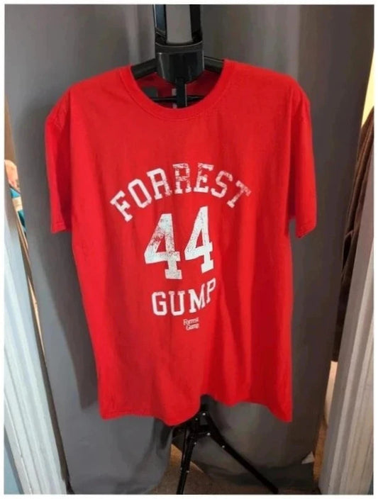 Forrest Gump red graphic t-shirt featuring number 44 print, 100% cotton, retro style.