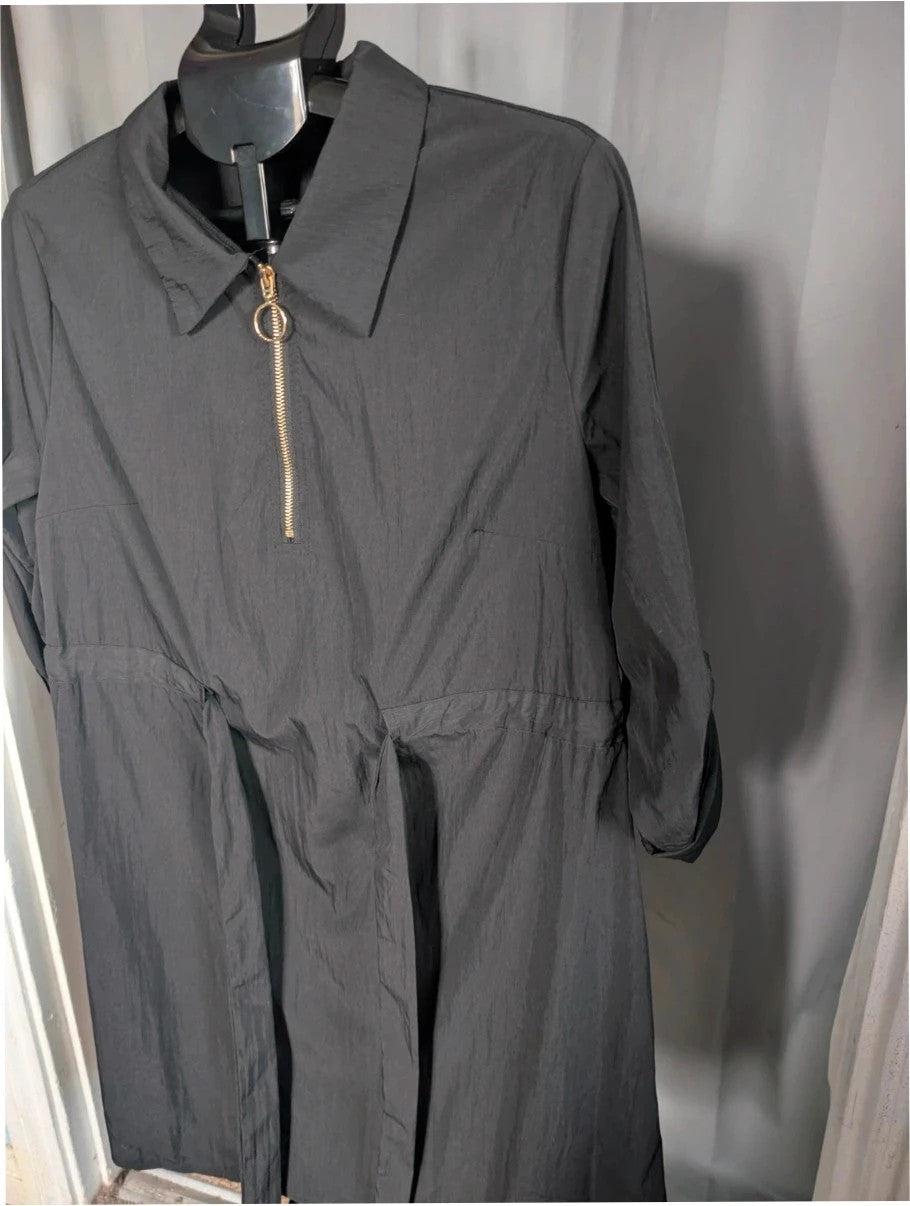 Shein Curve black utility shirt dress with O-ring zip, drawstring waist, and roll-tab sleeves.
