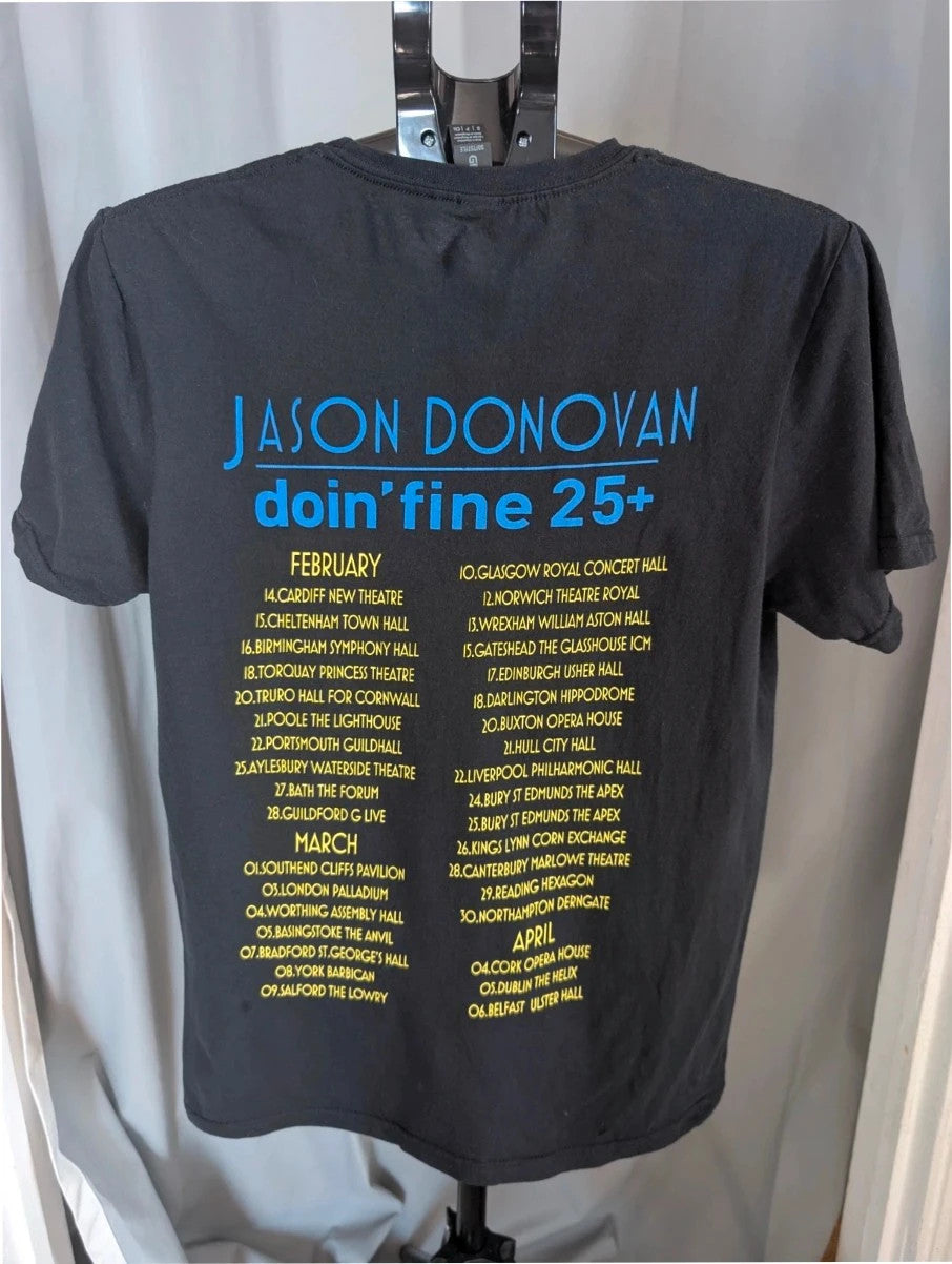 Official Jason Donovan black graphic t-shirt featuring Doin' Fine 25+ tour print and concert dates.
