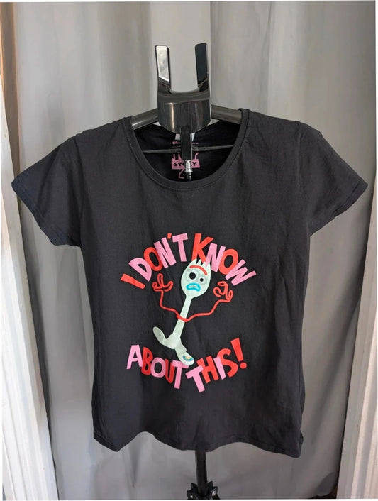 Disney black pocket t-shirt featuring Forky graphic and "I Don't Know About This!" text.