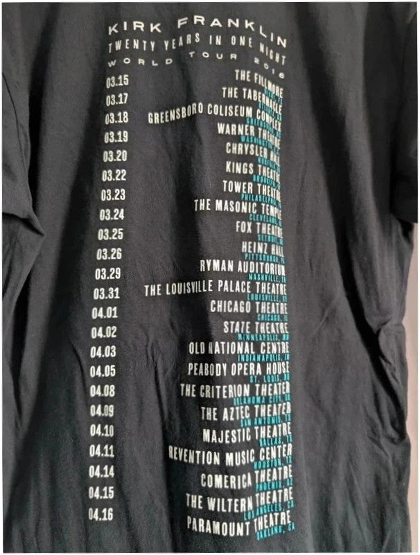 Gildan black graphic t-shirt featuring Kirk Franklin portrait and concert tour dates print.