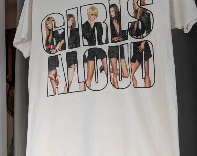 Y2K white pocket t-shirt featuring Girls Aloud band graphic and typography print.