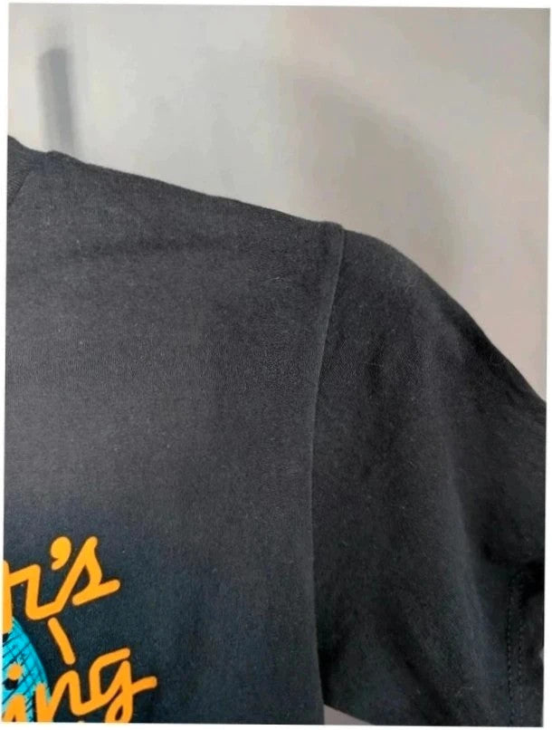 Gildan graphic tee black with orange and blue double-sided band prints, soft cotton.