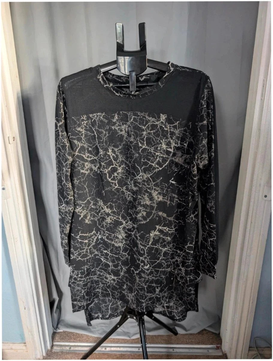 Next black tunic blouse with silver marble print and solid black chest panel.