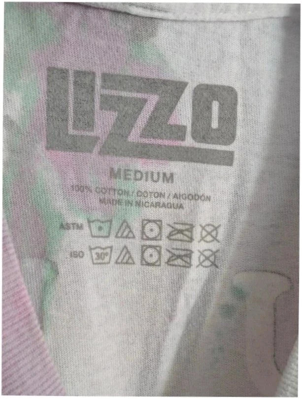 Lizzo Official Merch graphic t-shirt, white with pastel tie-dye and foam puff print logo.
