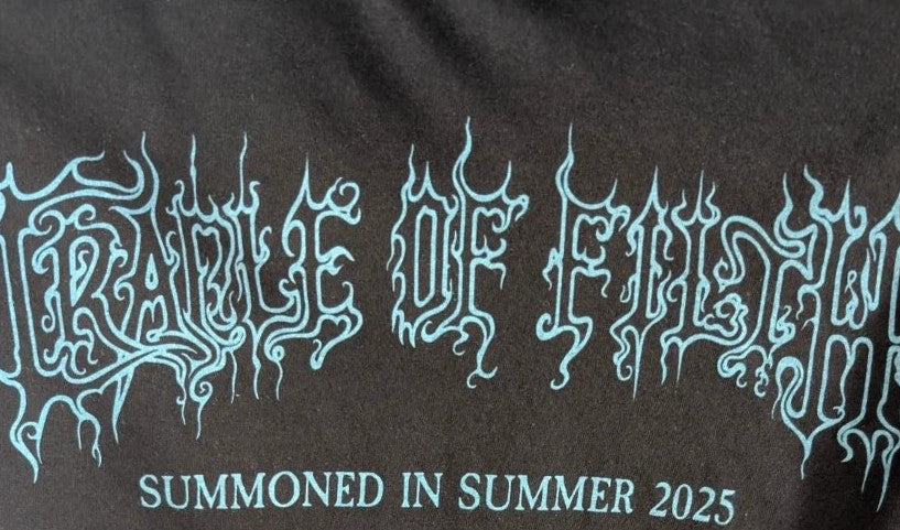 Official Cradle Of Filth black graphic tee featuring band portrait and tour dates on back.