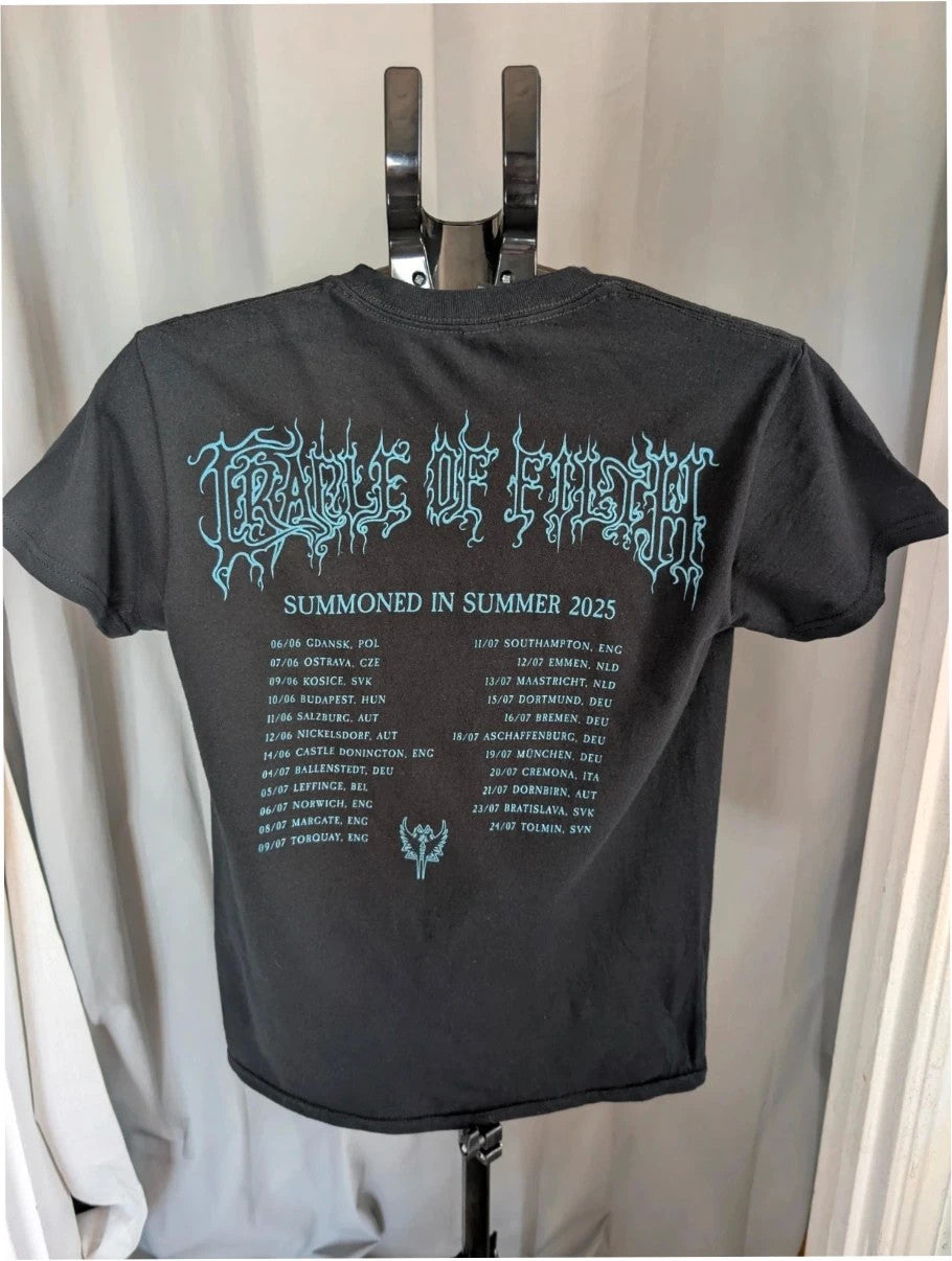 Official Cradle Of Filth black graphic tee featuring band portrait and tour dates on back.