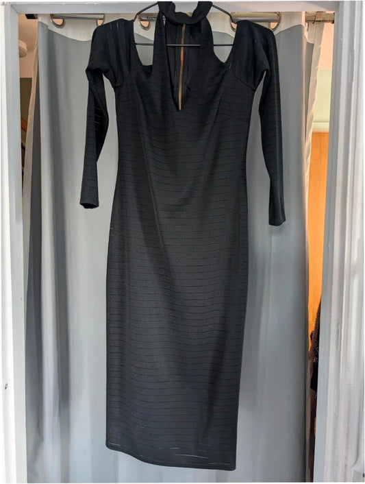 Miss Selfridge black bandage midi dress with cold shoulder cut-outs and gold zip detail.
