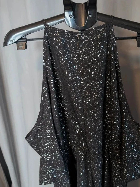 Shein Curve black cold shoulder blouse with silver shimmer, V-neckline and flutter sleeves.