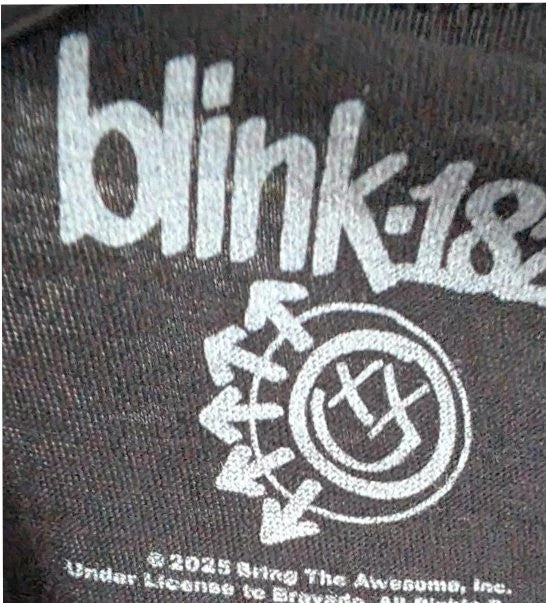 Blink 182 black graphic tee with blue skeleton middle finger design and crew neck.