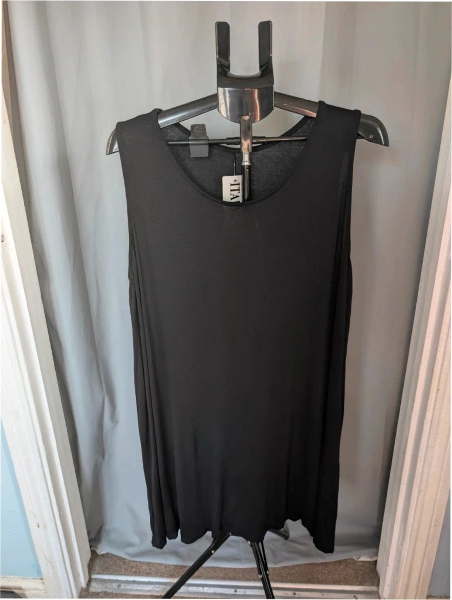 Italy Moda black sleeveless vest top with relaxed A-line silhouette and dip hem.