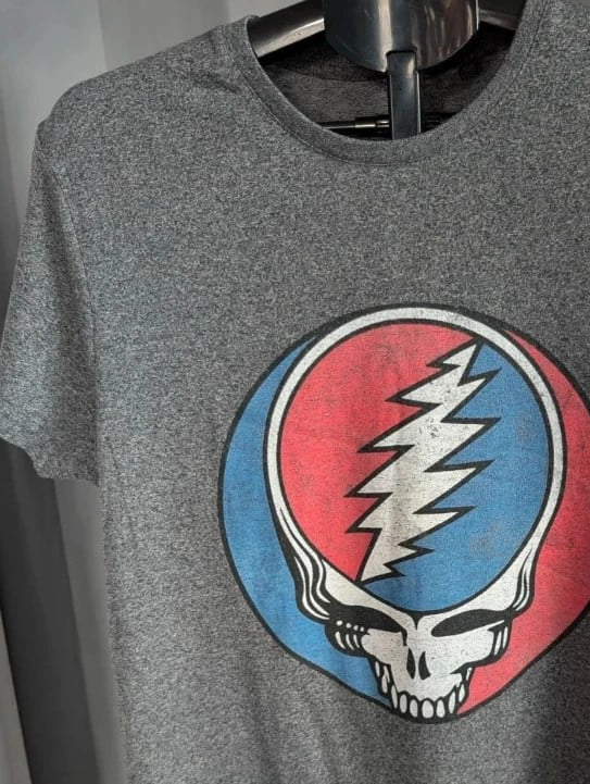 Grateful Dead grey graphic t-shirt featuring Steal Your Face skull and lightning bolt logo.