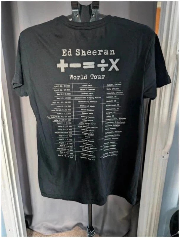 Ed Sheeran black graphic t-shirt with vibrant Mathematics tour print and back dates.