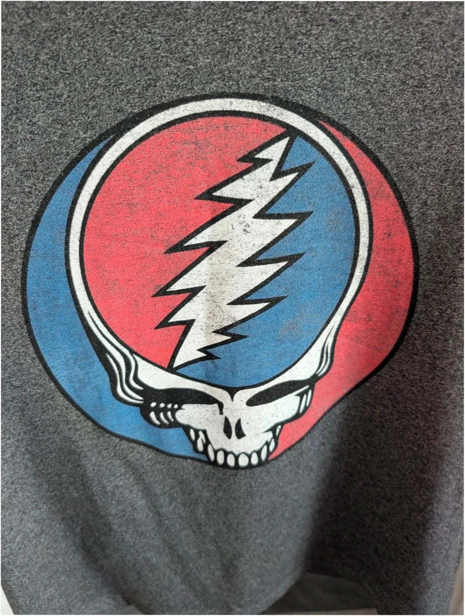 Grateful Dead grey graphic t-shirt featuring Steal Your Face skull and lightning bolt logo.