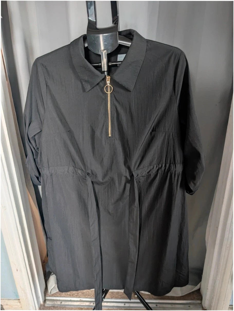 Shein Curve black utility shirt dress with O-ring zip, drawstring waist, and roll-tab sleeves.