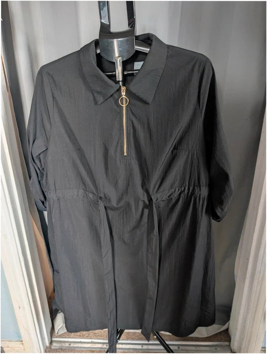 Shein Curve black utility shirt dress with O-ring zip, drawstring waist, and roll-tab sleeves.