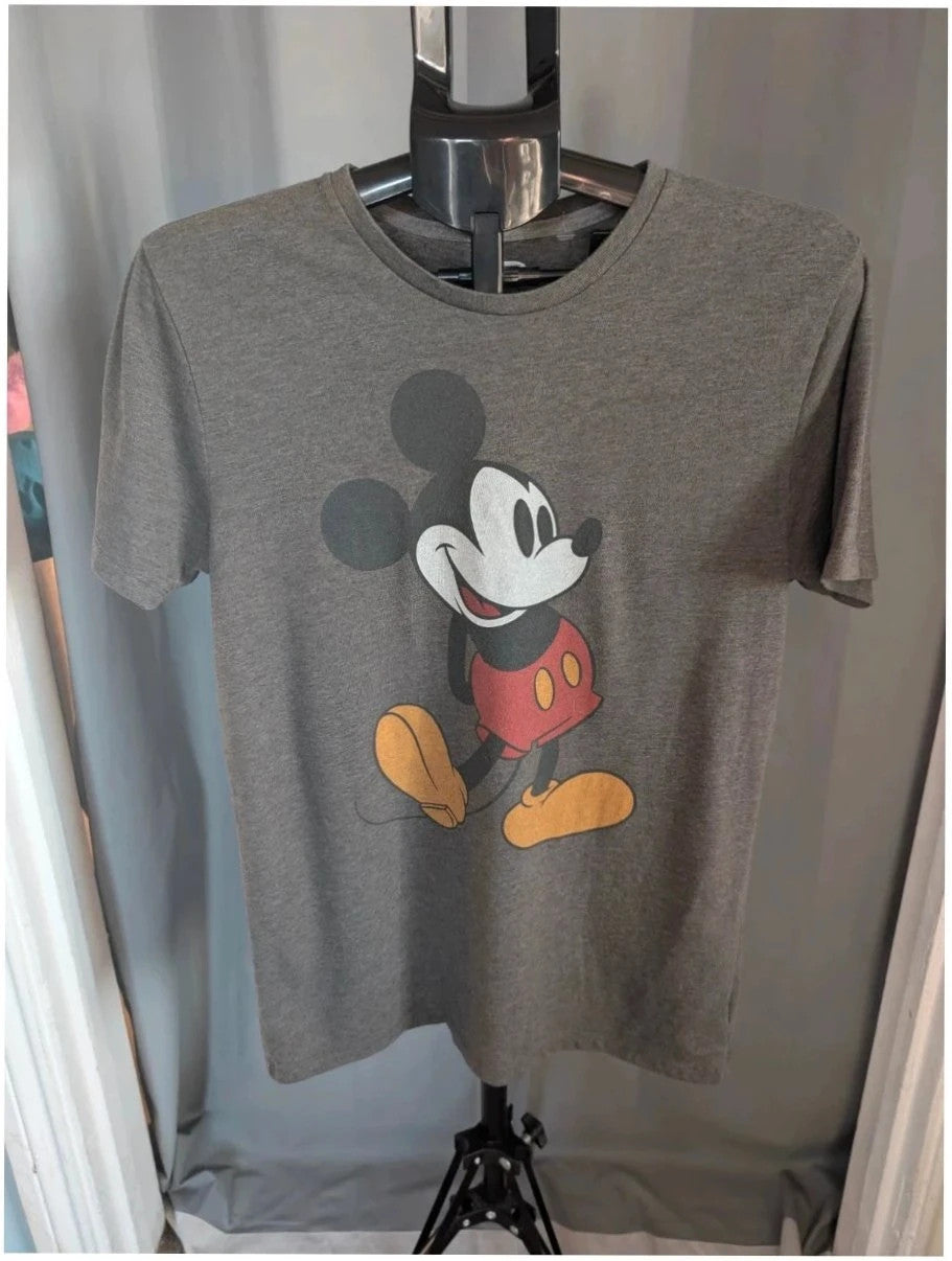 Old Navy grey graphic t-shirt featuring retro Mickey Mouse print and ribbed crew neckline.