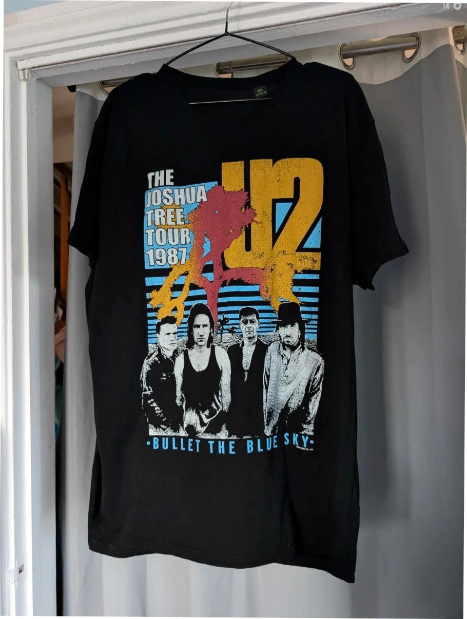 U2 black graphic tee featuring Bullet The Blue Sky artwork, 100% cotton, size XXL.