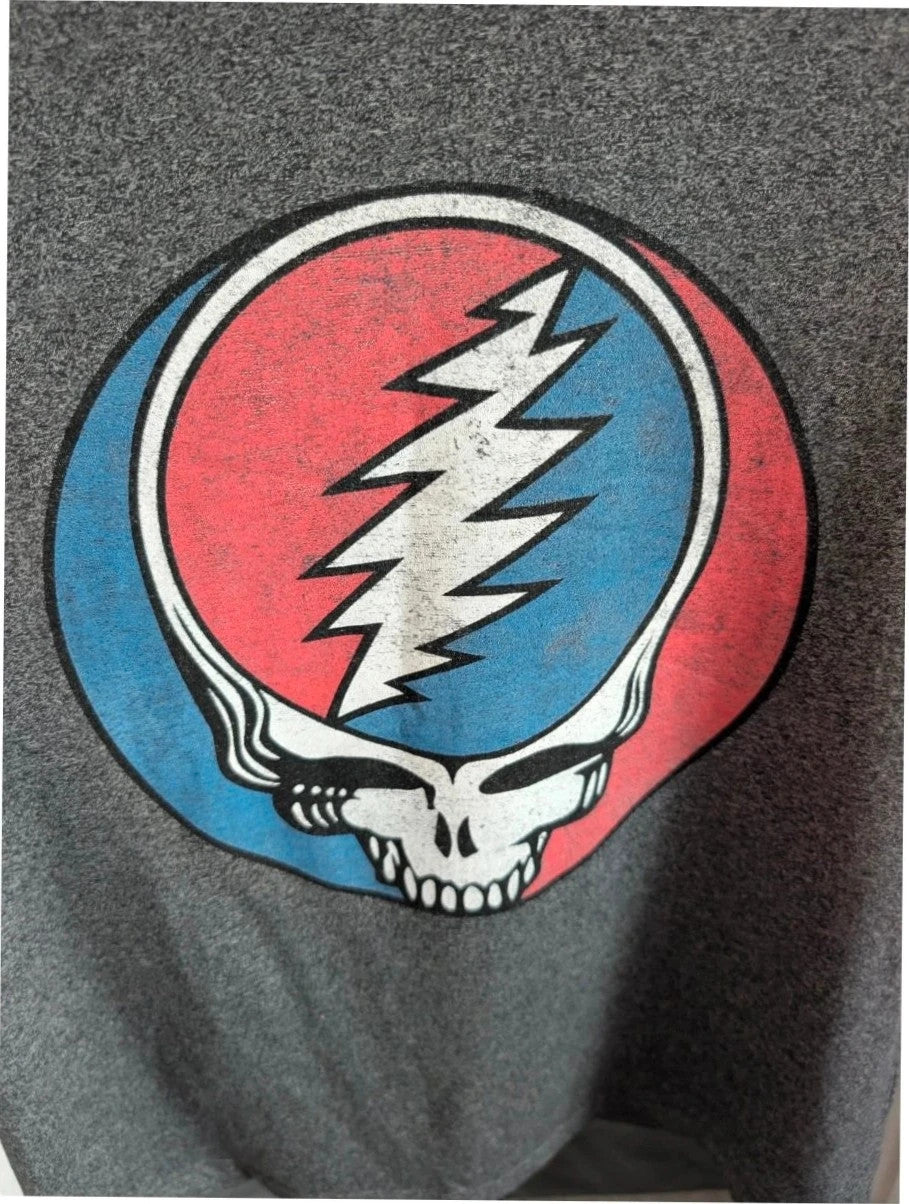 Grateful Dead grey graphic t-shirt featuring Steal Your Face skull and lightning bolt logo.
