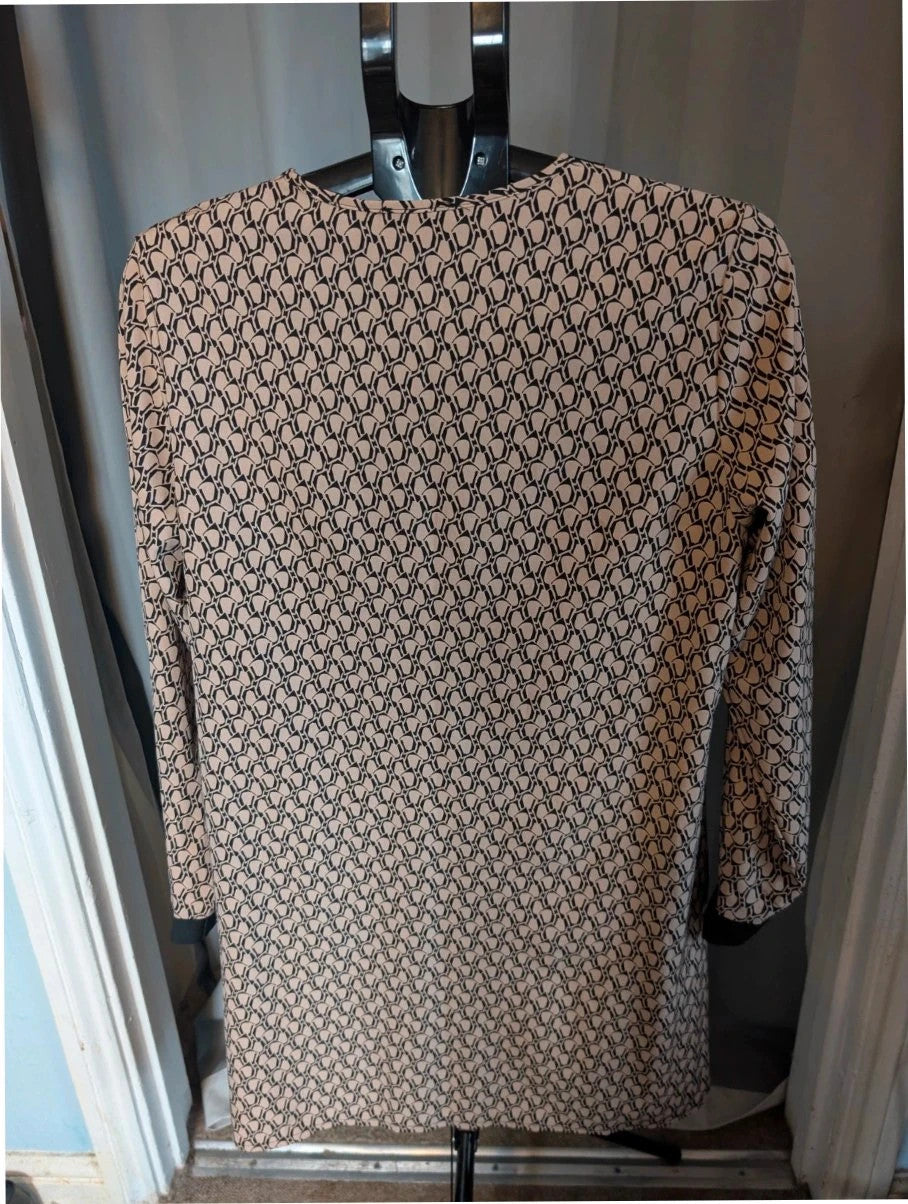 If Yoou beige tunic dress with black geometric print and split Mandarin collar.