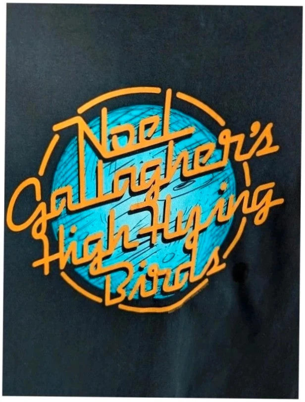 Gildan graphic tee black with orange and blue double-sided band prints, soft cotton.