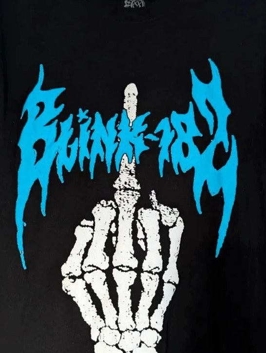 Blink 182 black graphic tee with blue skeleton middle finger design and crew neck.