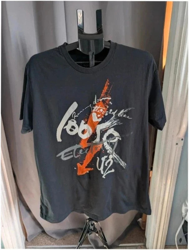 edun live black graphic t-shirt with vibrant orange U2 360 Tour prints front and back