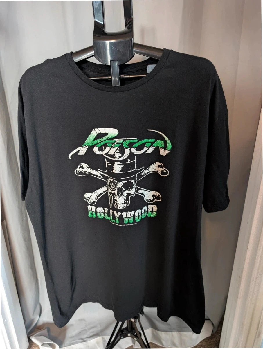 Poison black graphic tee featuring skull and crossbones logo with "Hollywood" print.