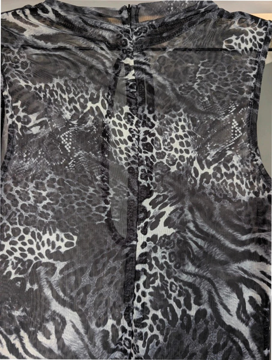 SHEIN grey animal print sheer mesh jumpsuit with high neckline and keyhole cutout.
