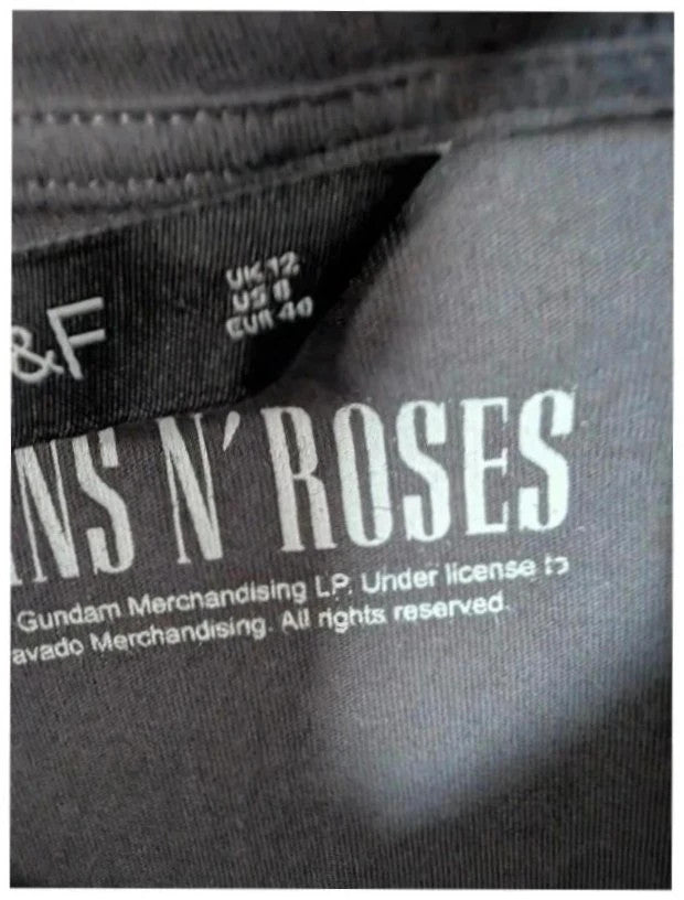 F&F grey graphic t-shirt featuring Guns N' Roses 1991 tour artwork in pink and green.