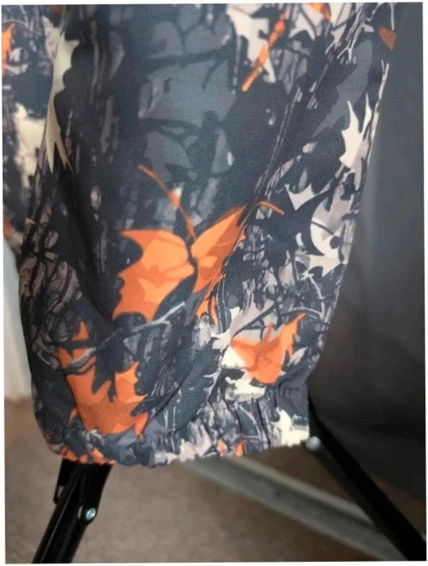 Crafted grey orange leaf camo cargo trousers with multiple pockets and elastic waistband.