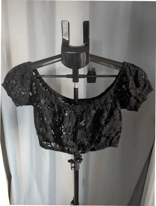 ASOS black sheer floral lace crop top with off-the-shoulder Bardot neckline and puff sleeves.
