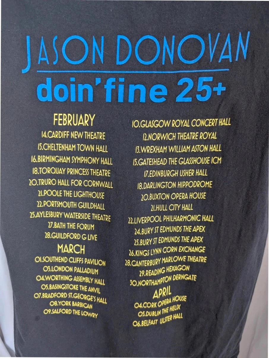 Official Jason Donovan black graphic t-shirt featuring Doin' Fine 25+ tour print and concert dates.